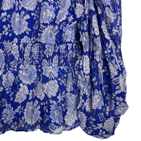 Vince Camuto Blue Gray Floral Print Smocked Waist Balloon Sleeve Peplum Small - Picture 13 of 16